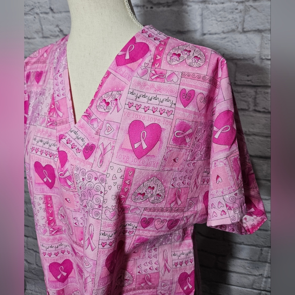 Handcrafted Pink Ribbon Pattern Scrub Top - Picture 3 of 7
